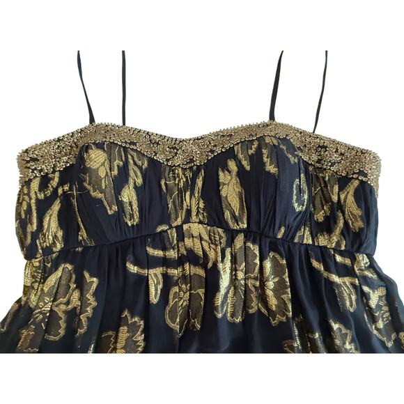 VTG Y2K 90s Cache BLK Gold Silk Babydoll Cocktail Dress Beaded WhimsyGoth XS-2 - Picture 6 of 11